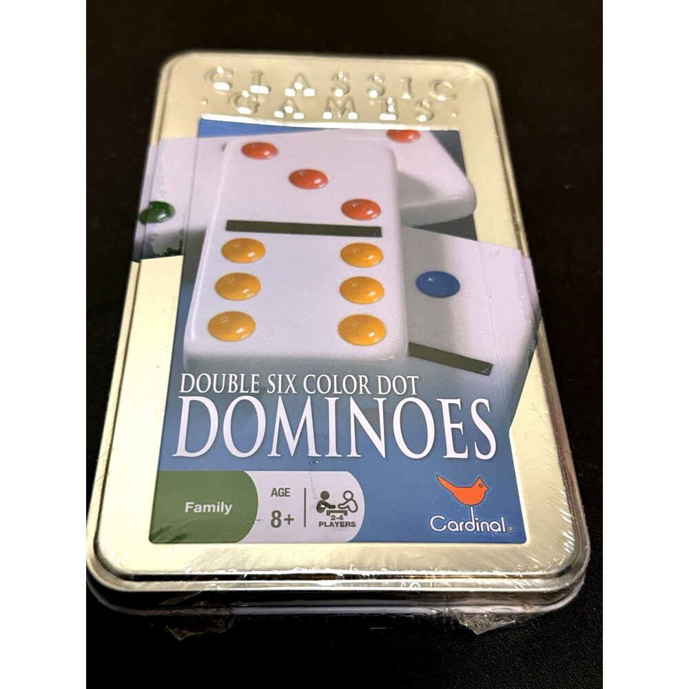 NWOT Cardinal Dominoes Classic Games Double Six Color Dot Silver Box Set